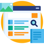 Ilustrace stránky s výsledky vyhledávání s lupou, barevnými bloky textu, malým obrázkem na šířku a ikonou dokumentu na žlutém kruhovém pozadí.