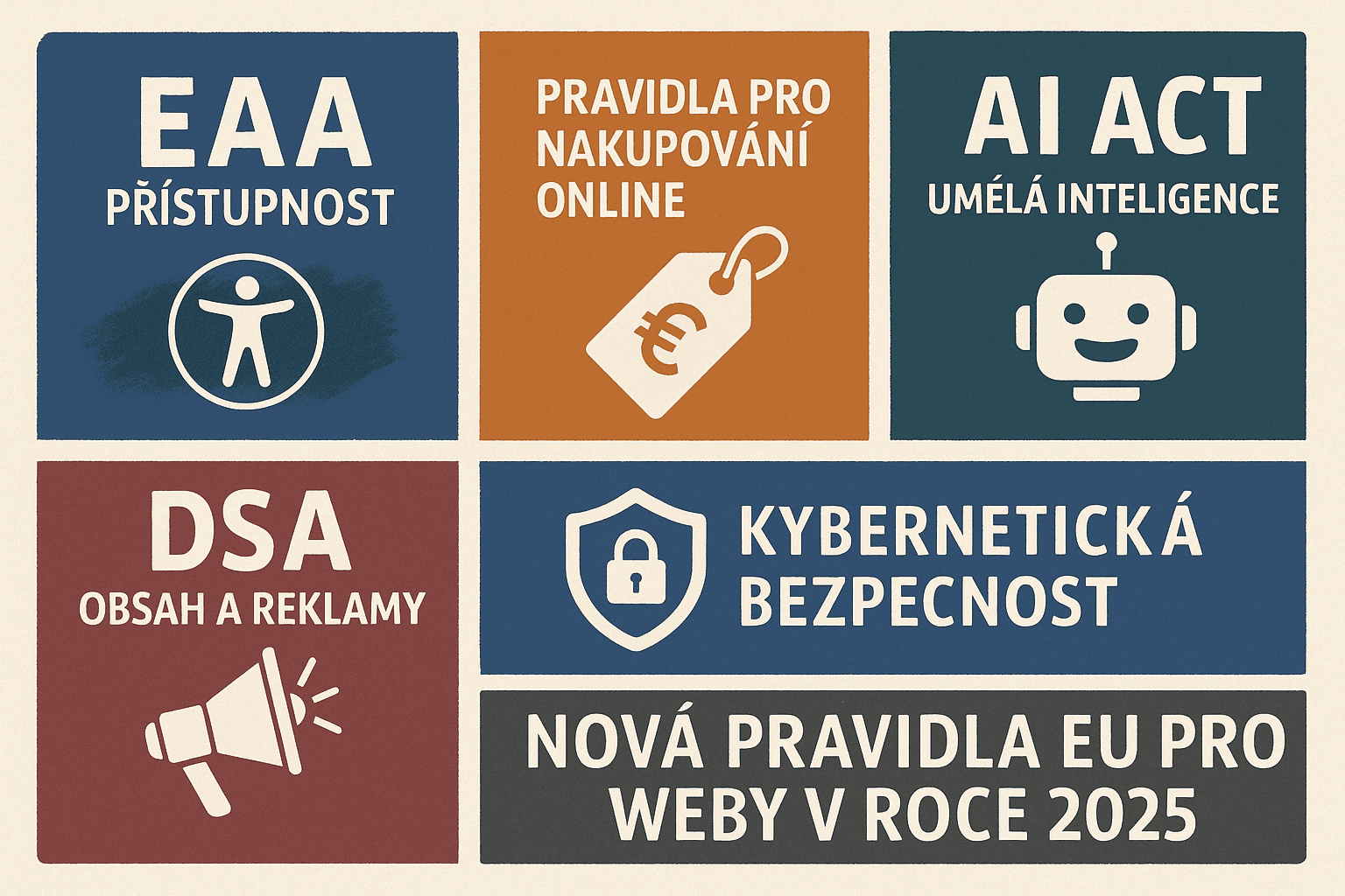 Infografika s ikonami a českým textem o pravidlech EU pro web v roce 2025: přístupnost, online nakupování, zákon o umělé inteligenci, DSA (obsah a reklamy), kybernetická bezpečnost a titulek "Nová pravidla EU pro weby v roce 2025".