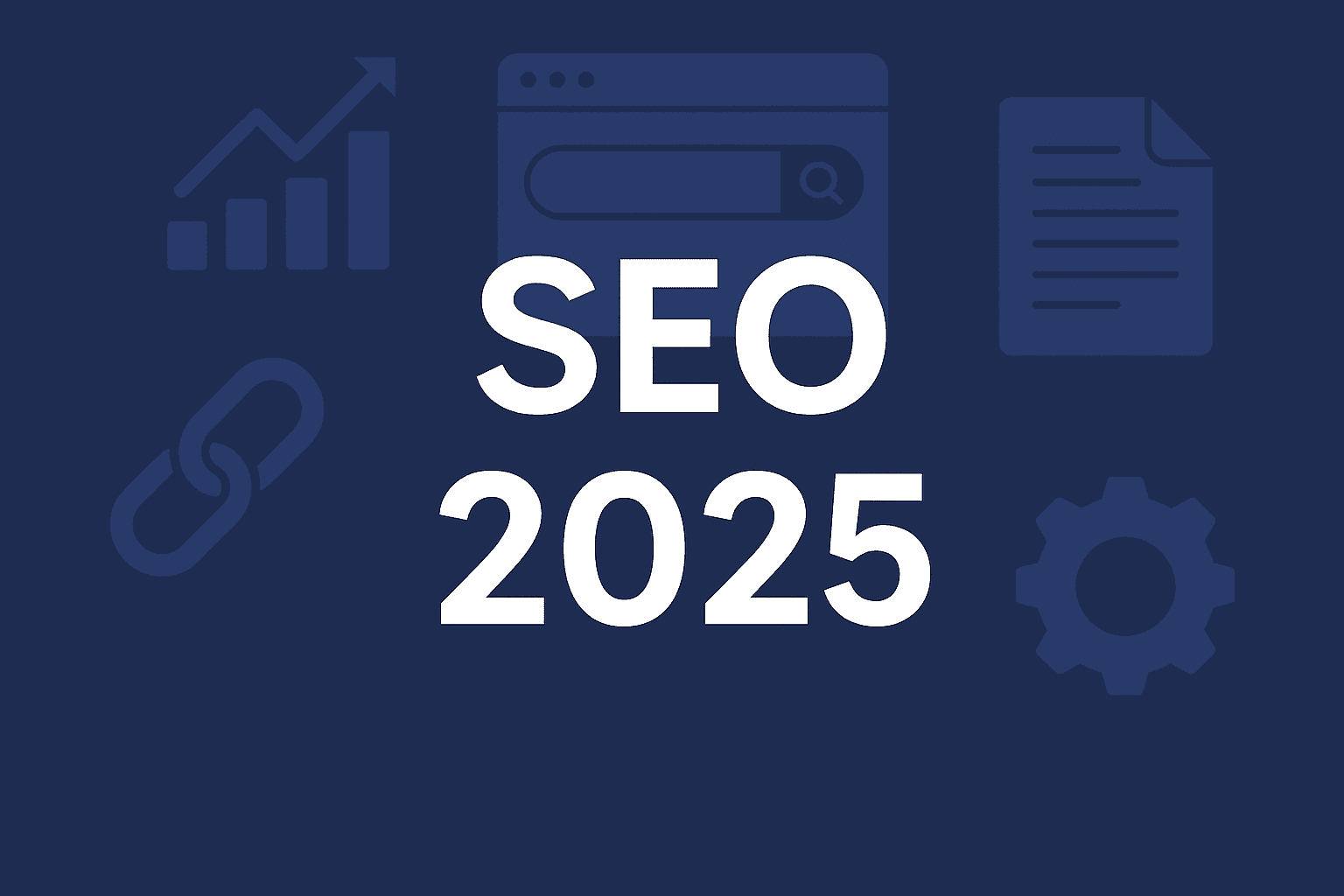 Bílý text "SEO 2025" na tmavě modrém pozadí se slabými ikonami grafu, vyhledávacího řádku, dokumentu, odkazu a ozubeného kola symbolizujícími digitální marketing a optimalizaci pro vyhledávače.
