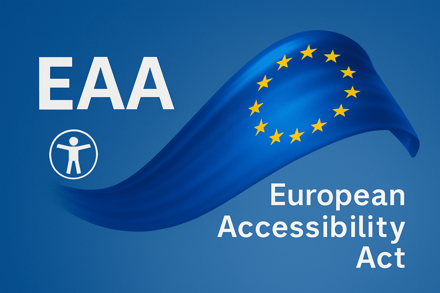 Modrá grafika s textem "EAA" a "European Accessibility Act", ikonou přístupnosti a vlající vlajkou EU tvořící křivku se žlutými hvězdami na modrém pozadí.