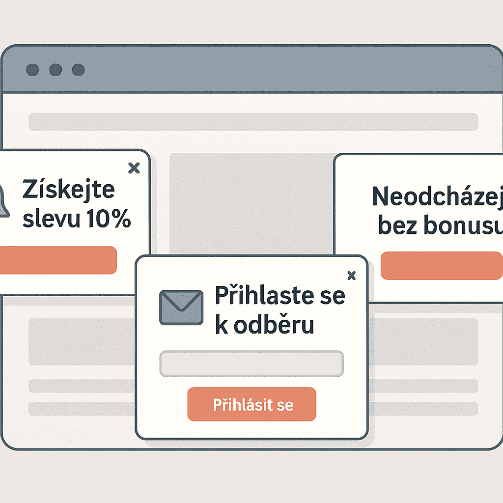 Ilustrace webové stránky se třemi vyskakovacími okny v češtině, která nabízejí 10% slevu, bonus za neodchod a formulář pro přihlášení k odběru s tlačítkem "Přihlásit se".