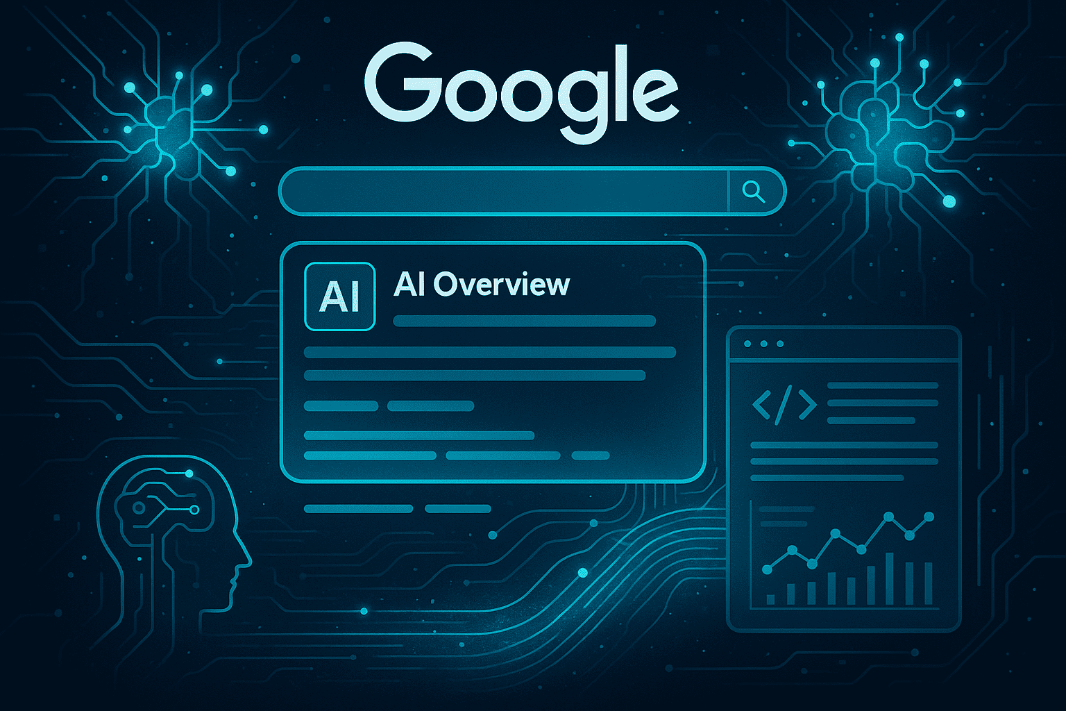 Ilustrace rozhraní vyhledávače Google s výsledkem "AI Overview", digitálními ikonami mozku, kódu, grafů a neuronových sítí - znázornění umělé inteligence a datových technologií jako průvodce pro AI ve vyhledávání a SEO.