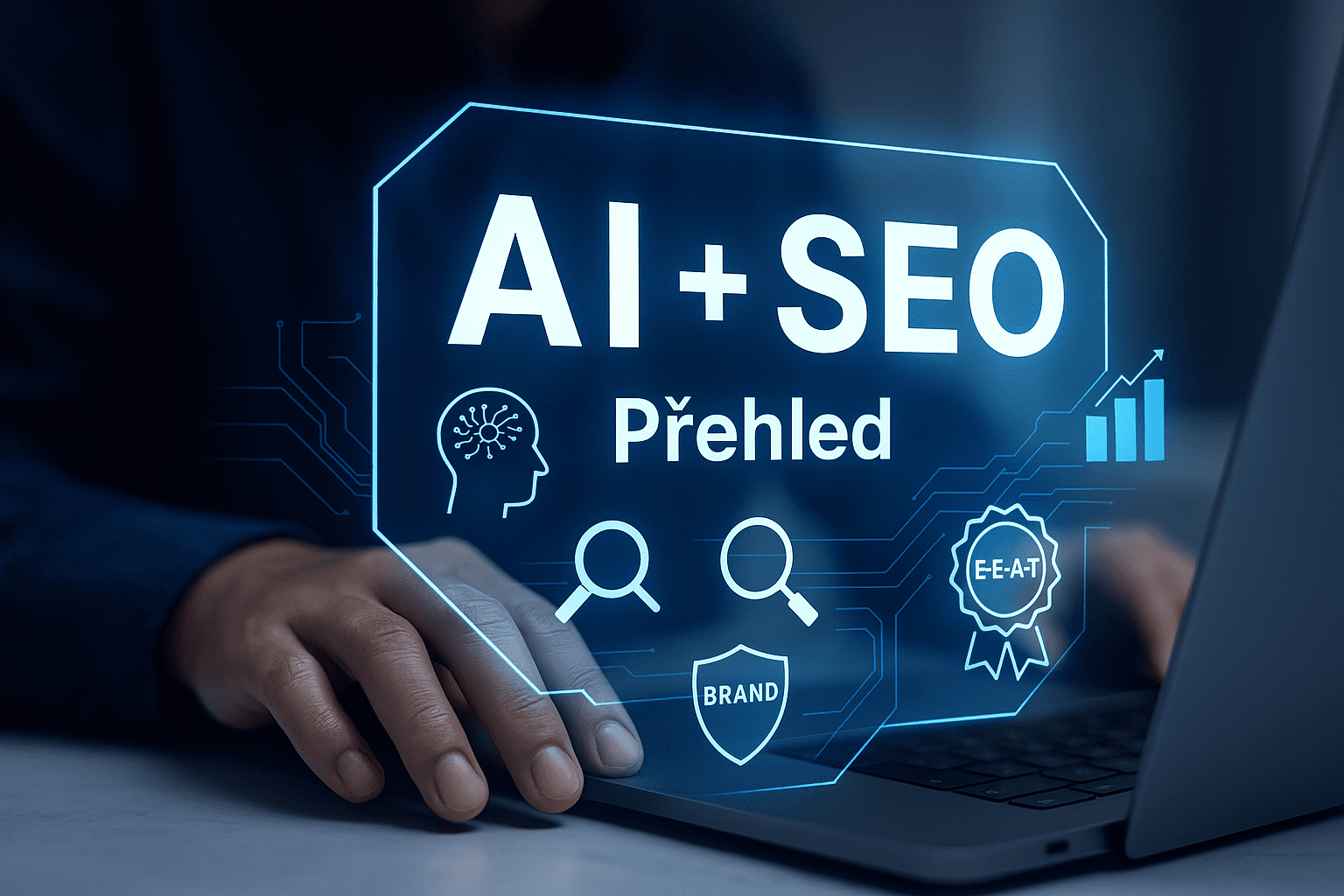 Osoba píšící na notebooku s digitálním překryvem zobrazujícím "AI + SEO Přehled" a ikony představující hlavu s obvody, graf, štít značky a stuhu EEAT.